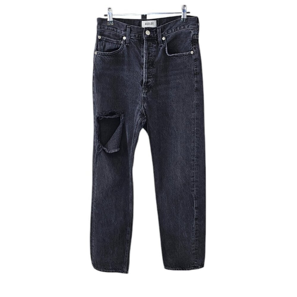 AGOLDE Womens High Rise Straight Leg Distressed Jeans, Black Wash Size 25